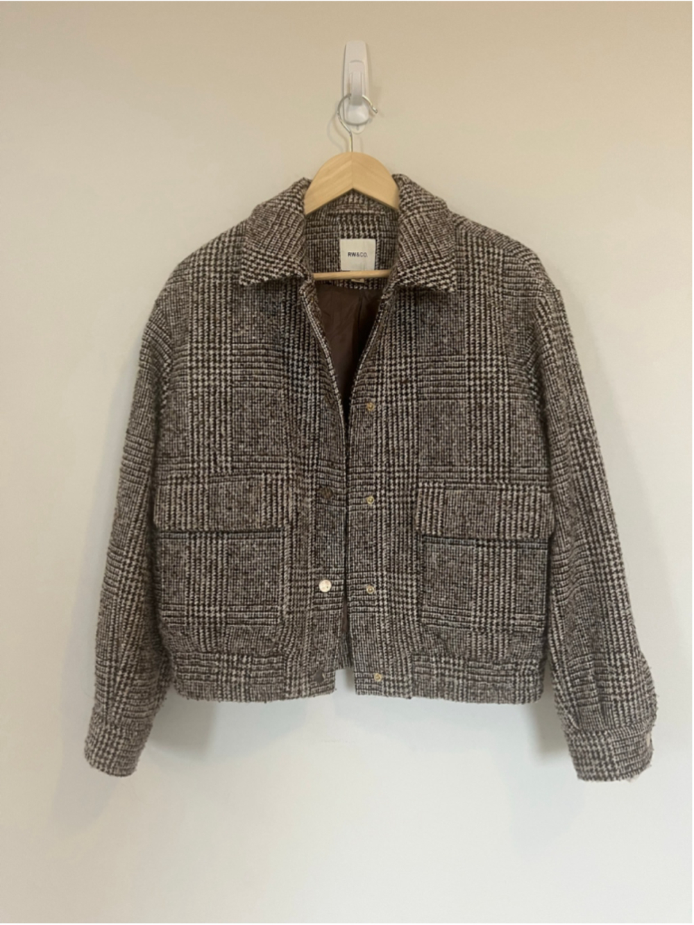 Brown Plaid Wool Blend Bomber Jacket Academia Fall Oversized Cropped Outerwear